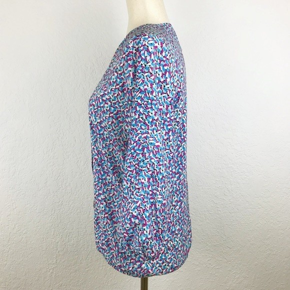 Ann Taylor Abstract Floral Colorful Blouse Jewel Tones Elastic Hem Cuffs V-Neck - Picture 3 of 16